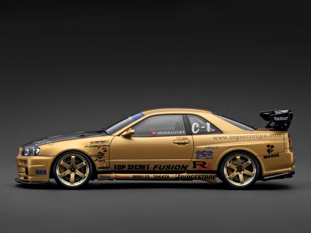 Ignition Model 1/18 Nissan Skyline GTR R34 Top Secret Gold with Black Bonnet