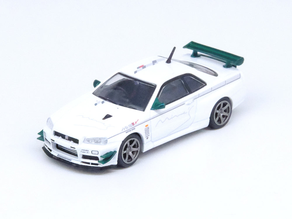 Inno64 Nissan Skyline GT-R R34 VSPEC N1 Tuned By Mines White with Green Accent Parts - Diecast Toyz Australia