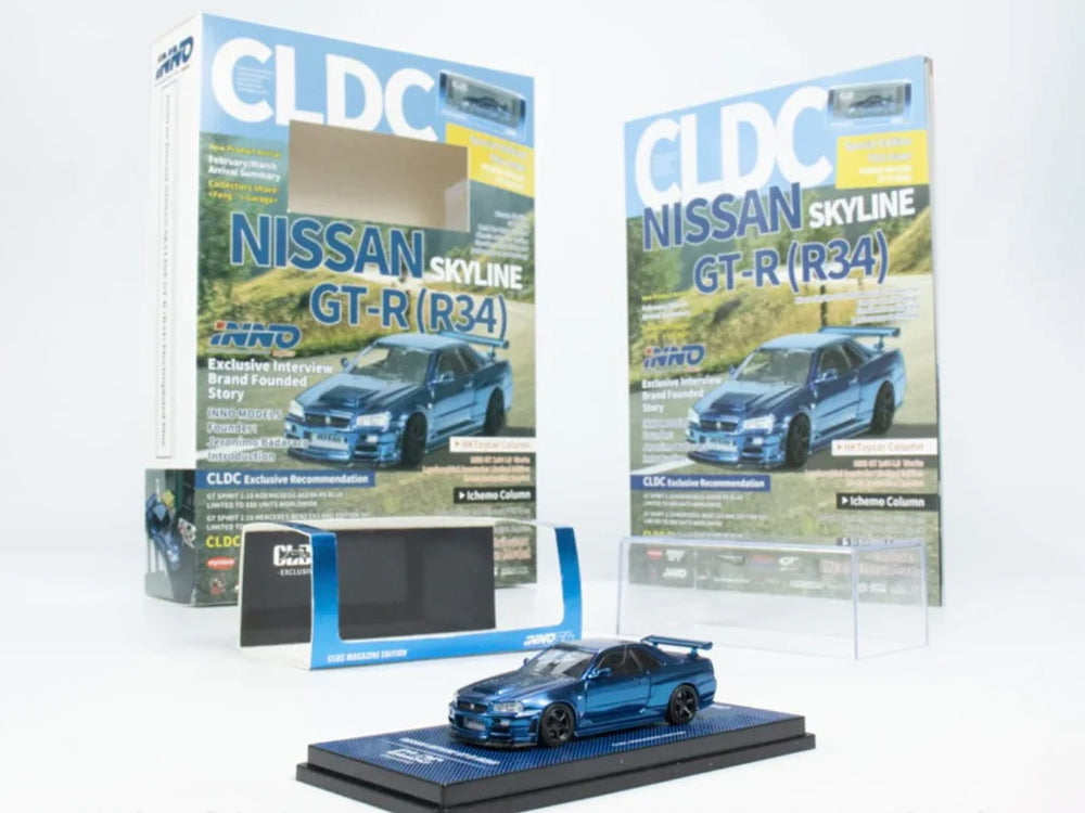 Inno64 x CLDC Nissan Skyline GT-R R34 Z Tune Full Chrome Blue Carbon with Book - Diecast Toyz Australia