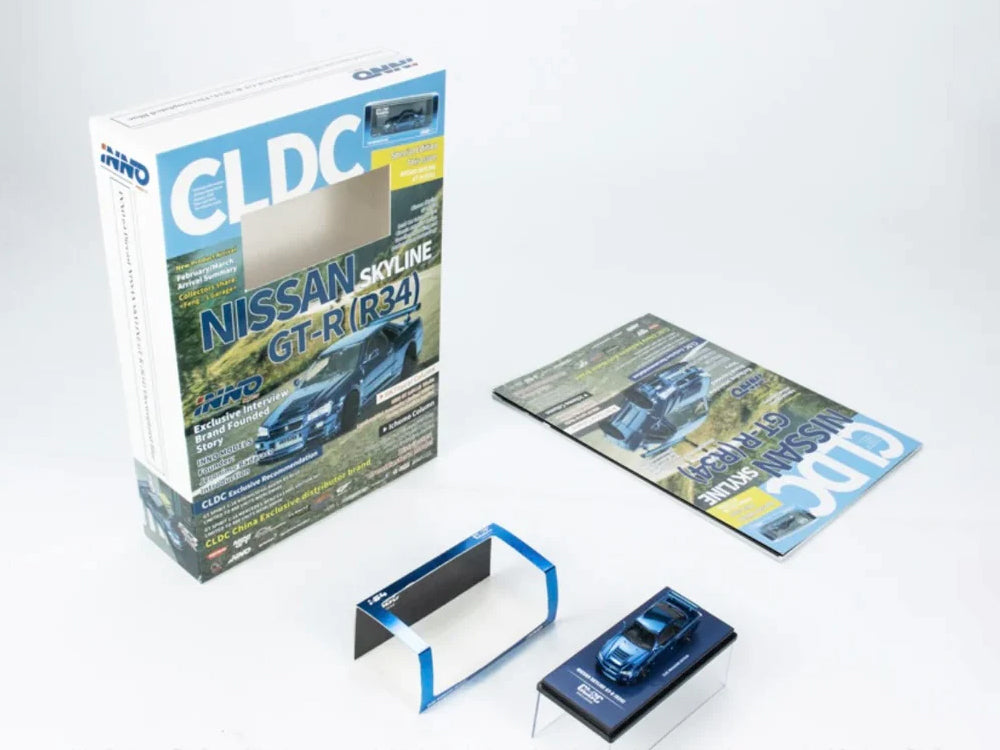 Inno64 x CLDC Nissan Skyline GT-R R34 Z Tune Full Chrome Blue Carbon with Book - Diecast Toyz Australia