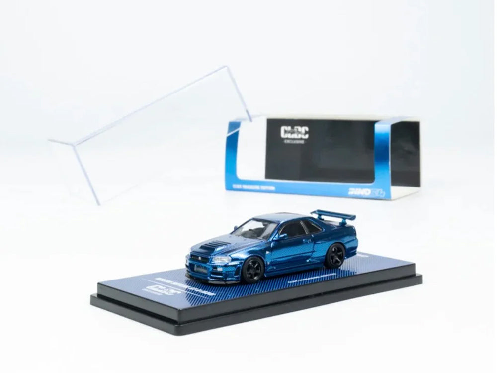 Inno64 x CLDC Nissan Skyline GT-R R34 Z Tune Full Chrome Blue Carbon with Book - Diecast Toyz Australia