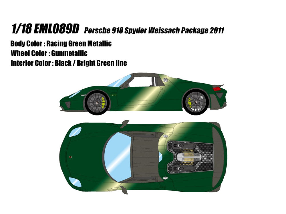 Make Up Model 1/18 Porsche 918 Spyder Weissach Pacakage 2011 Racing Green Metallic