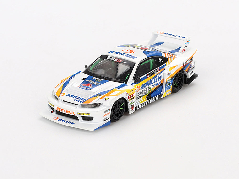 MiniGT 1/64 LB Super Silhoutte Nissan Silvia S15 #555 2023 Formula Drift Japan White/Blue/Yellow