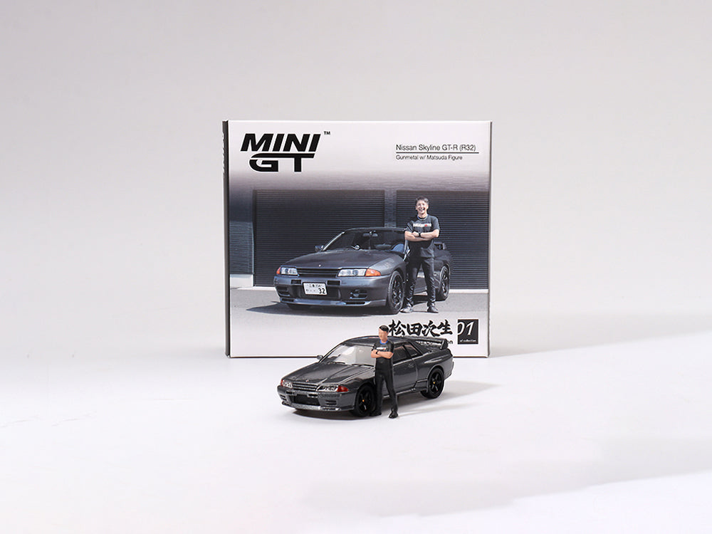 MiniGT 1/64 Nissan GT-R R32 NISMO Gunmetal with Matsuda Figurine Tsugio - Matsuda Collection