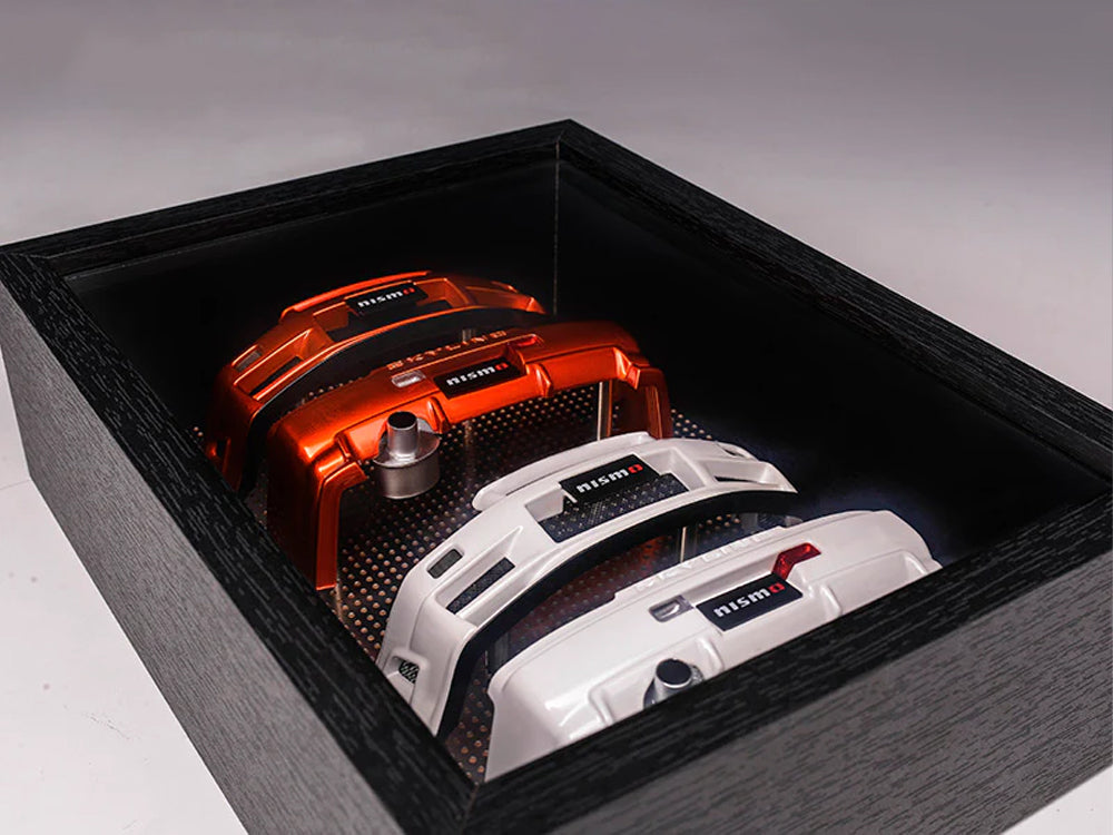 MotorHelix 1/18 Nissan Skyline GTR R34 Z Tune Metallic Orange and Pearl White Bumper Display Frame Set