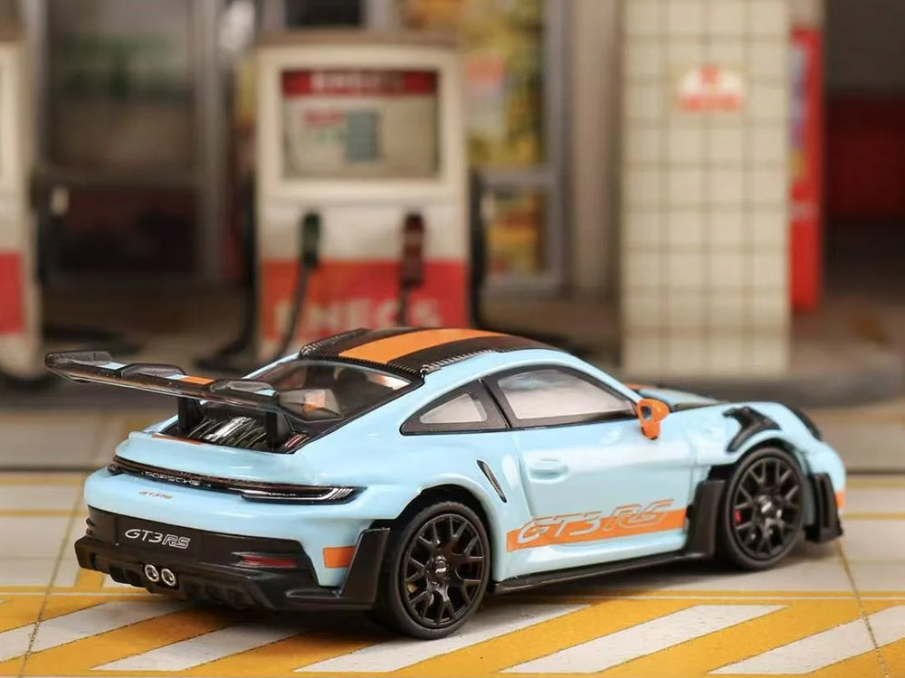 Street Weapon 1/64 Porsche 911-992 GT3 RS with Carbon Bonnet with Black Wheels Gulf Blue