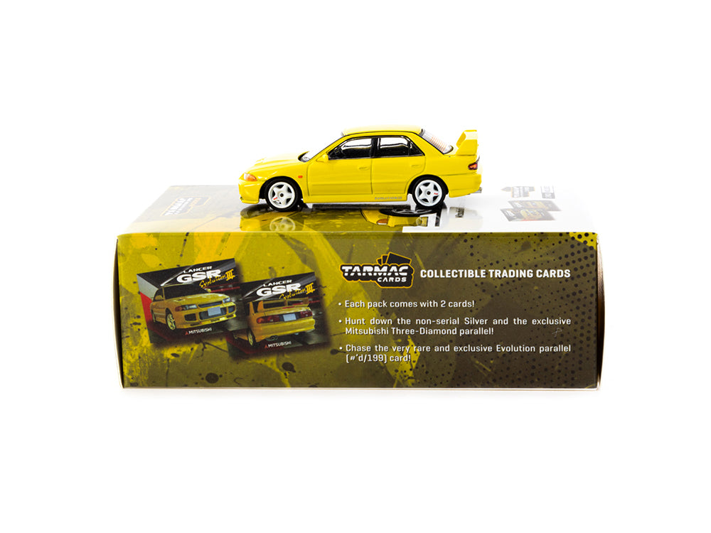 Tarmac Works 1/64 Mitsubishi Lancer GSR Evolution III Yellow with Trading Cards Combo Set
