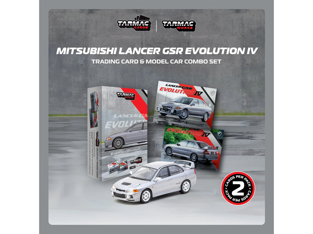 Tarmac Works 1/64 Mitsubishi Lancer GSR Evolution IV Silver with Trading Cards Combo Set