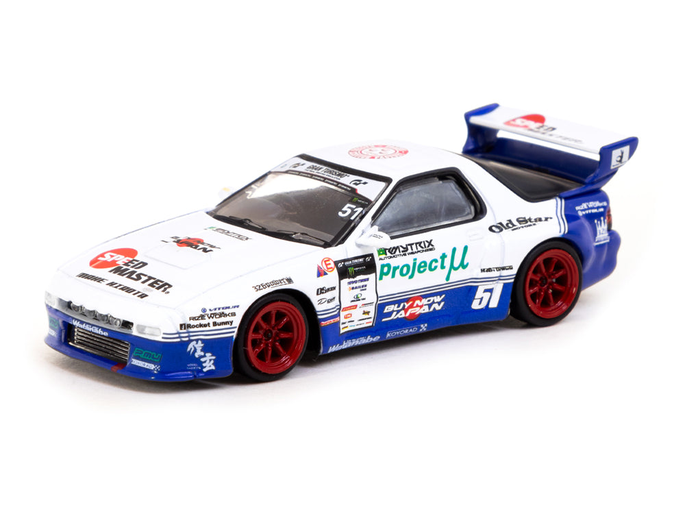 Tarmac Works 1/64 Pandem Mazda RX7 FC3S Drift White/Blue - Diecast Toyz Australia