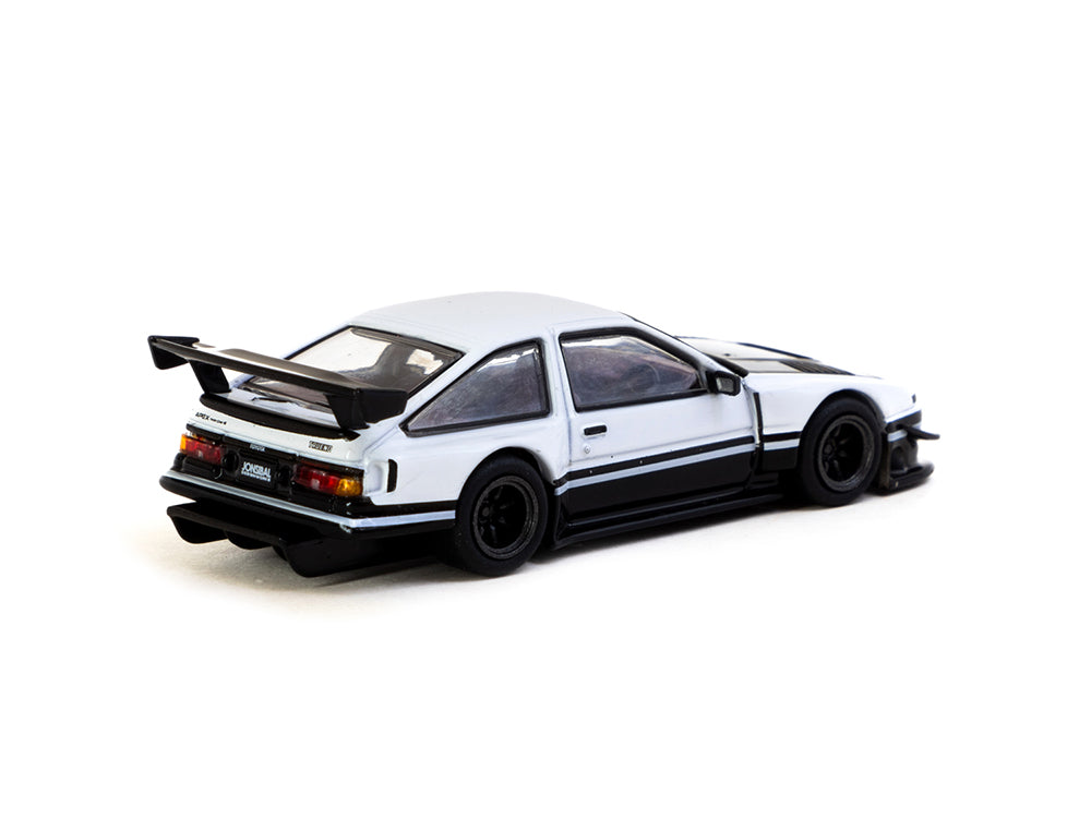 Tarmac Works 1/64 Toyota Sprinter Trueno AE86 Widebody by Jon Sibal White/Black with Trading Card Combo Set
