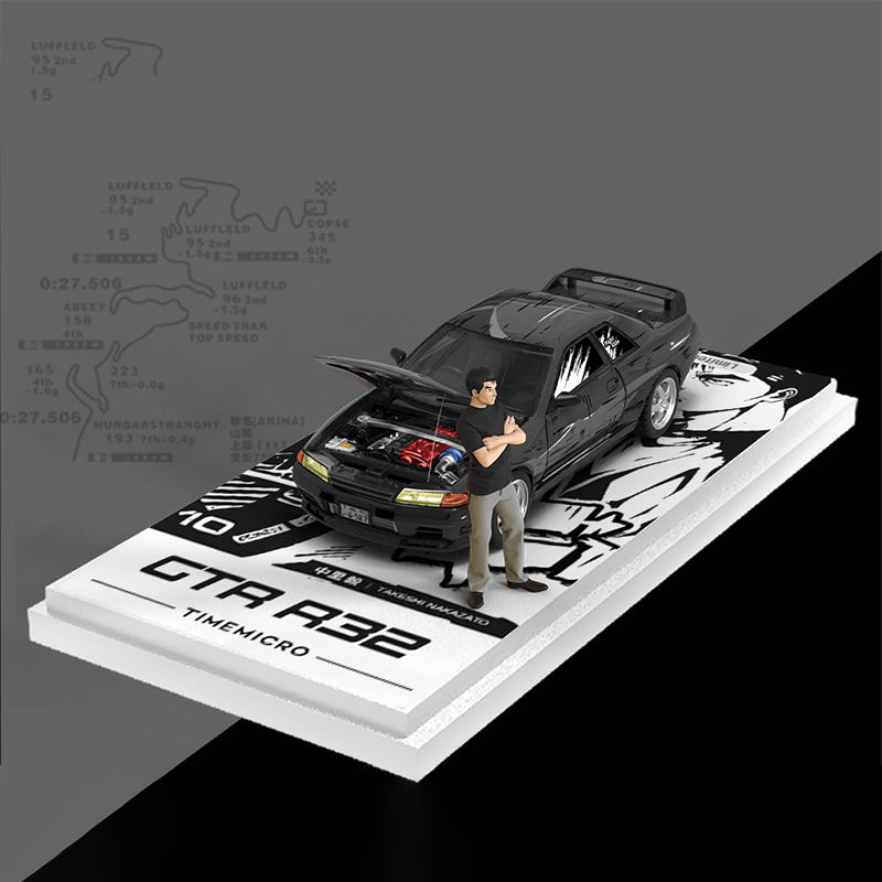 Time Model 1/64 Nissan Skyline GTR R32 Black Initial D Comic Version Car with Figurine
