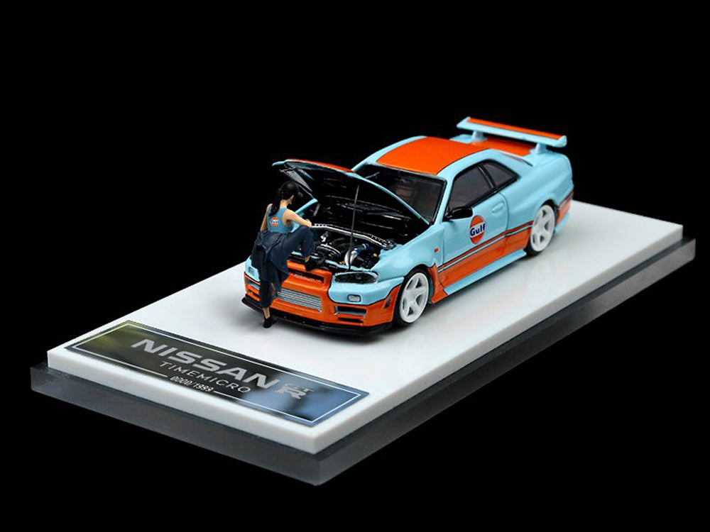 Time Model 1/64 Nissan Skyline GTR R34 Gulf Livery Car with Figurine - Diecast Toyz Australia