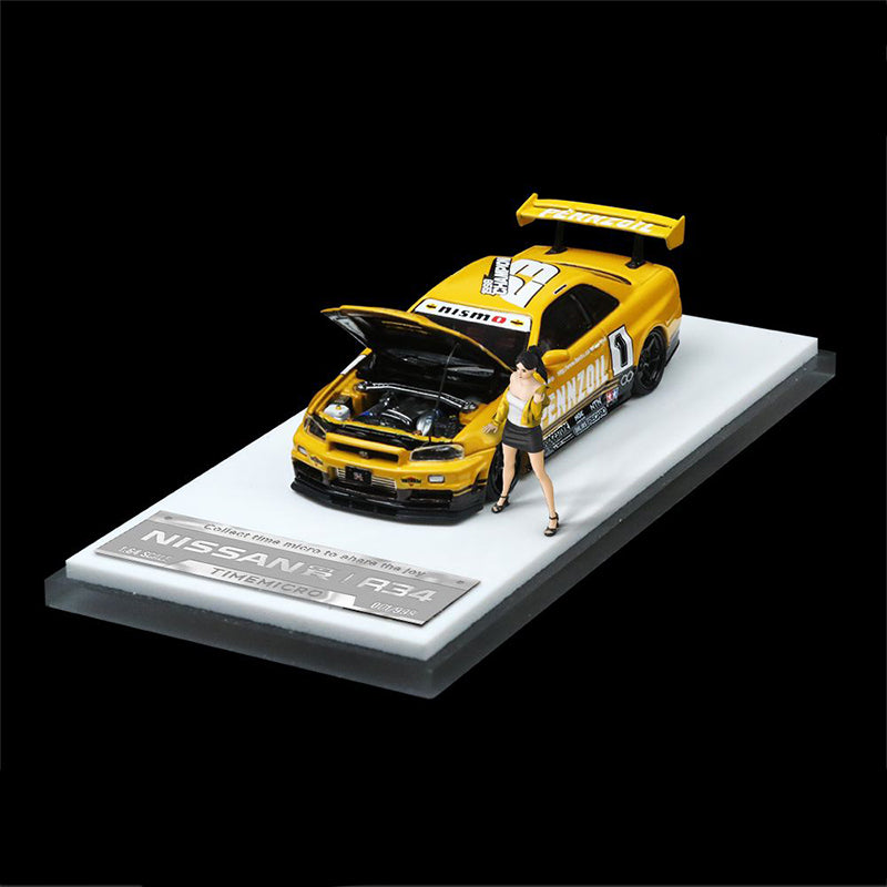 Time Model 1/64 Nissan Skyline GTR R34 Z Tune with Openable Bonnet Yellow Car with Figurine