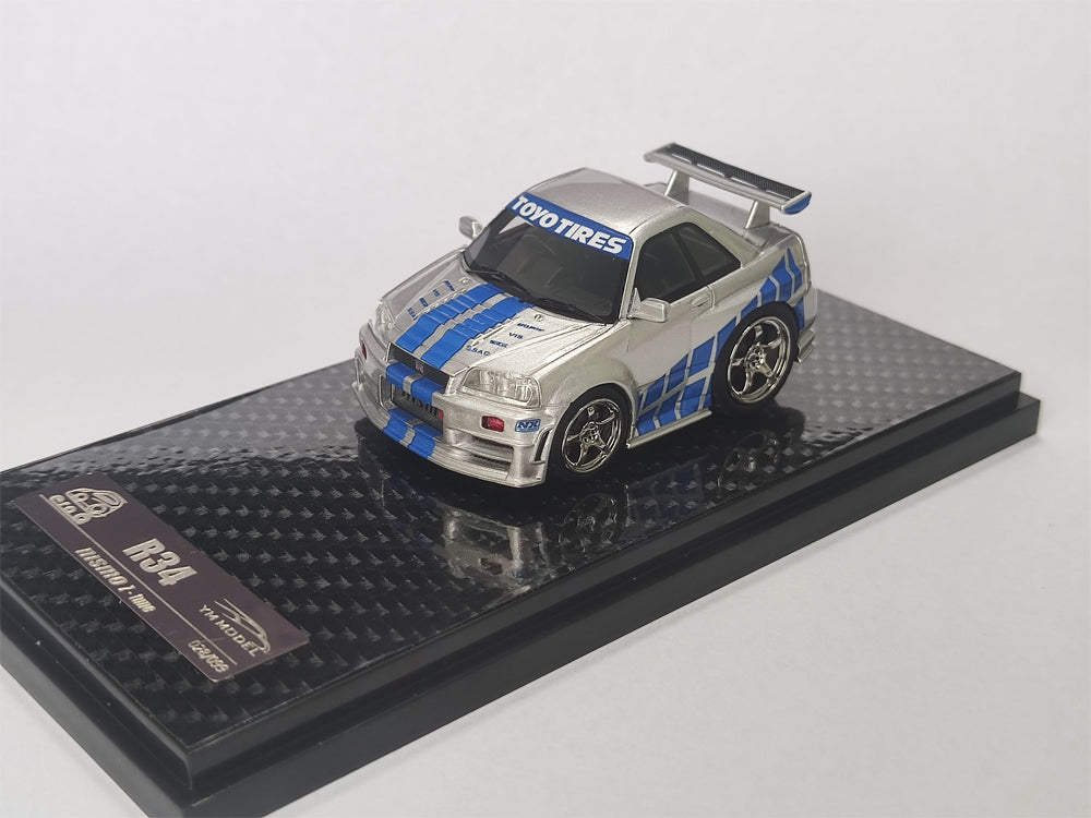 YM x ERAQ Q-Scale 1/64 Nissan Skyline GTR R34 Z-Tune Silver with Blue Stripes - Diecast Toyz Australia