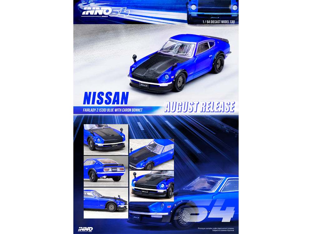 Inno64 Datsun Fairlady Z S30 Blue with Carbon Hood - Diecast Toyz Australia