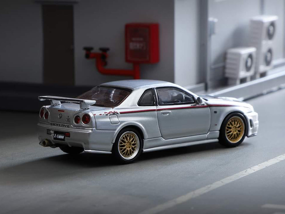 Stance Hunters 1/64 Nissan Skyline GT-R R34 Z Tune Nismo Livery with Gold BBS Wheels Silver - Diecast Toyz Australia