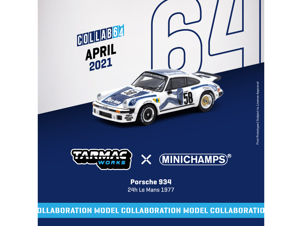 Tarmac Works x Mini Champs 1/64 Porsche 934 24Hr LeMans 1977 #58 - Diecast Toyz Australia