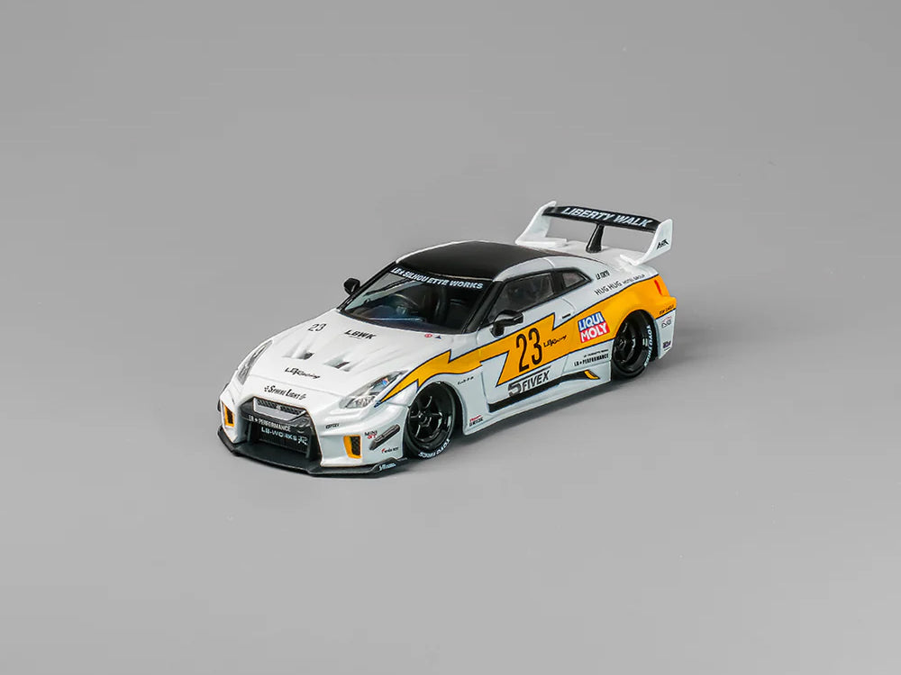 CM Model 1/64 LBWK Super Silhouette Nissan Skyline GT35RR No.23 White/Yellow - Diecast Toyz Australia
