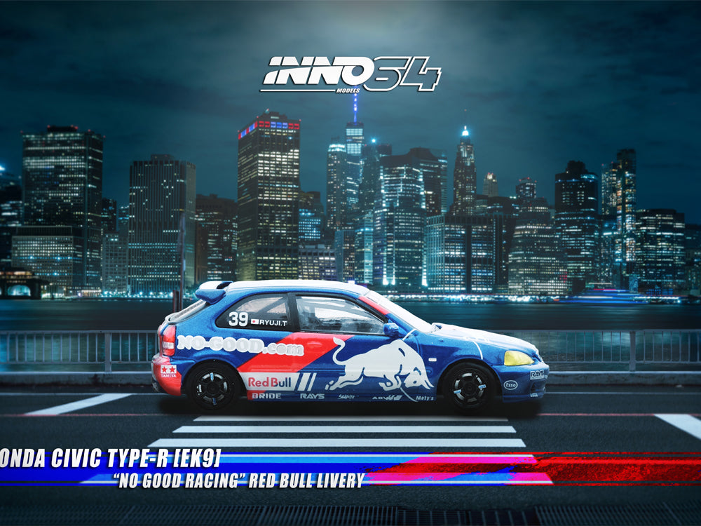 Inno64 Honda Civic Type R EK9 No Good Racing Blue with Red Bull Livery - Diecast Toyz Australia