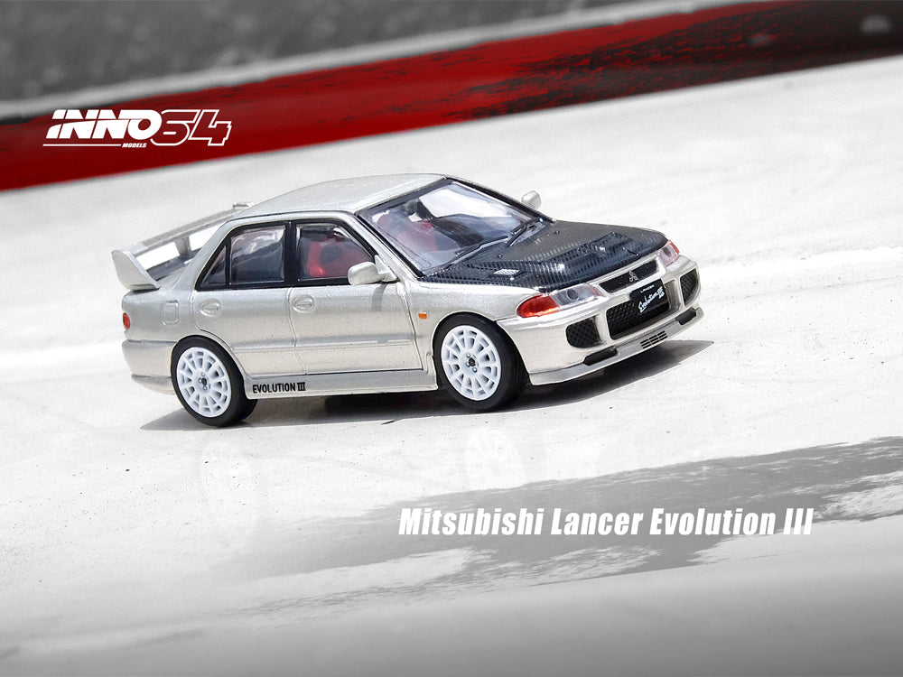 Inno64 Mitsubishi Lancer Evolution III Silver with Carbon Bonnet - Diecast Toyz Australia