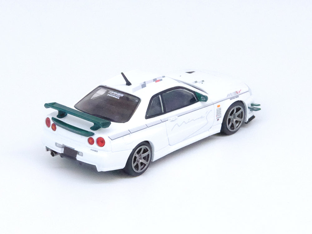 Inno64 Nissan Skyline GT-R R34 VSPEC N1 Tuned By Mines White with Green Accent Parts - Diecast Toyz Australia