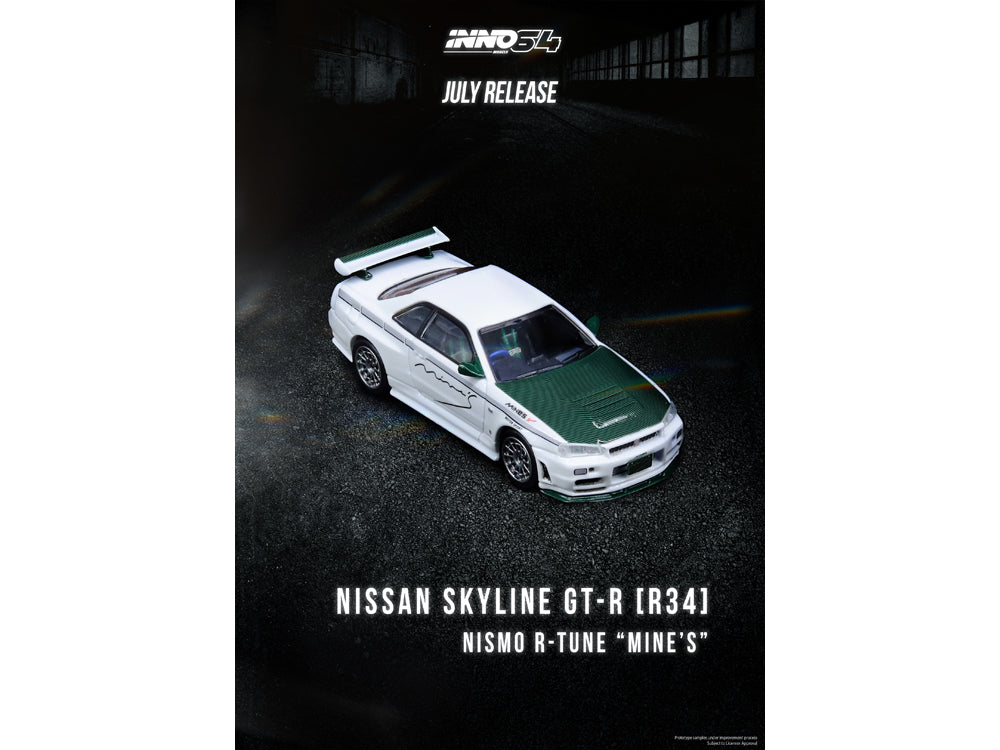 Inno64 Nissan Skyline GT-R R34 NISMO R Tune Mines with Green Carbon Bonnet - Diecast Toyz Australia