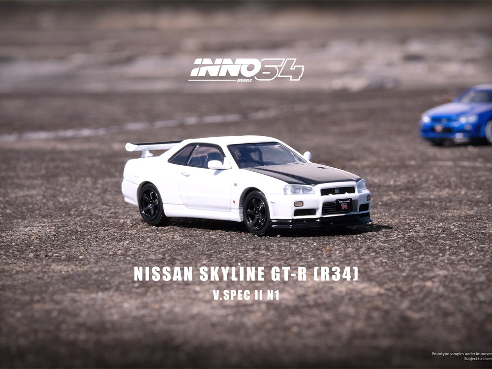 Inno64 Nissan Skyline GT-R R34 V Spec II White with Carbon Bonnet - Diecast Toyz Australia