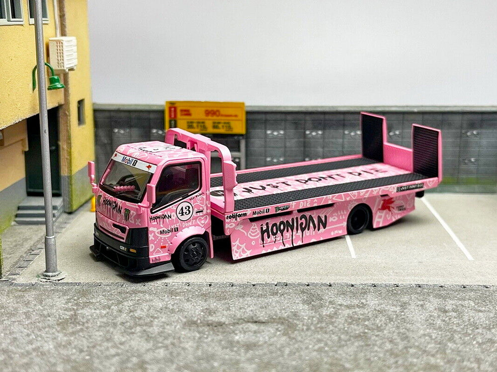 Micro Turbo 1/64 Custom Flatbed Tow Truck with Ken Block Hoonipigsus #43 Pink - Diecast Toyz Australia