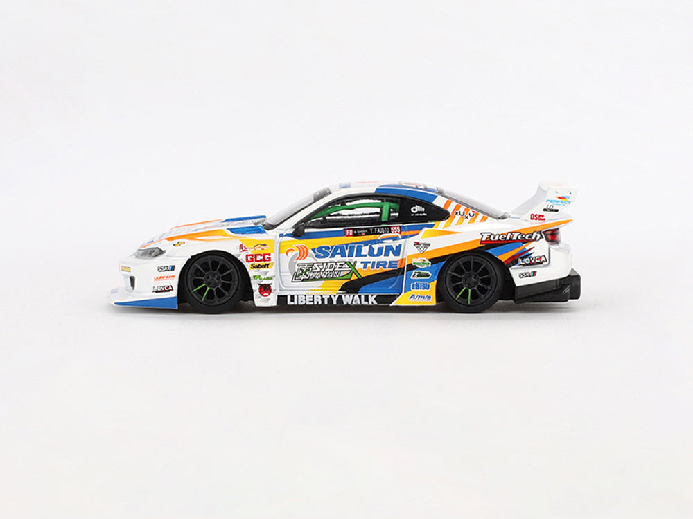 MiniGT 1/64 LB Super Silhoutte Nissan Silvia S15 #555 2023 Formula Drift Japan White/Blue/Yellow