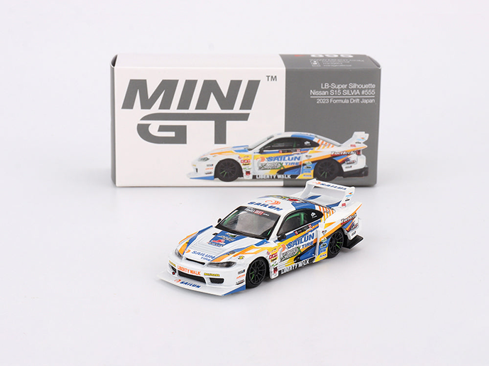 MiniGT 1/64 LB Super Silhoutte Nissan Silvia S15 #555 2023 Formula Drift Japan White/Blue/Yellow