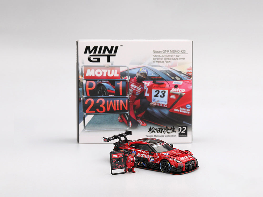 MiniGT 1/64 Nissan GT-R NISMO #23 Motul Autech GT-R 2021 Super GT Series Suzuka Winner with Matsuda Figurine Tsugio - Matsuda Collection No.2