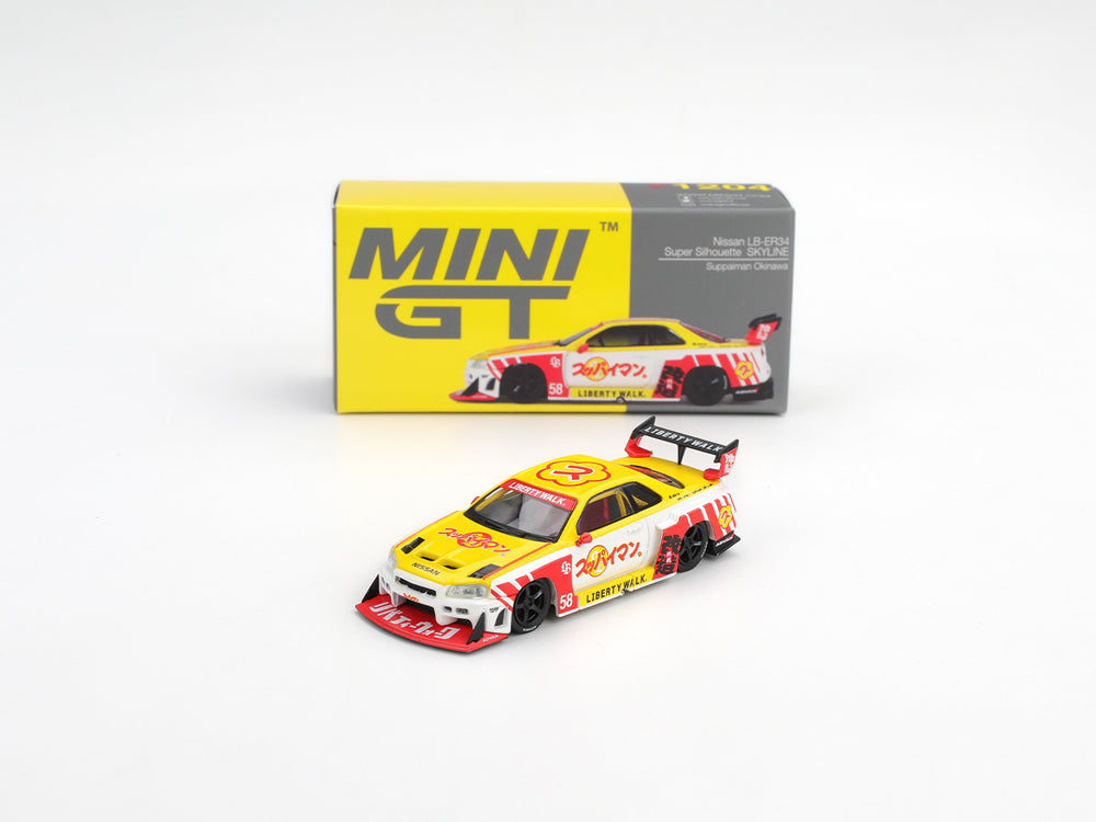 MiniGT Nissan LB-ER34 Super Silhouette SKYLINE Suppaiman Okinawa Yellow/White - Diecast Toyz Australia