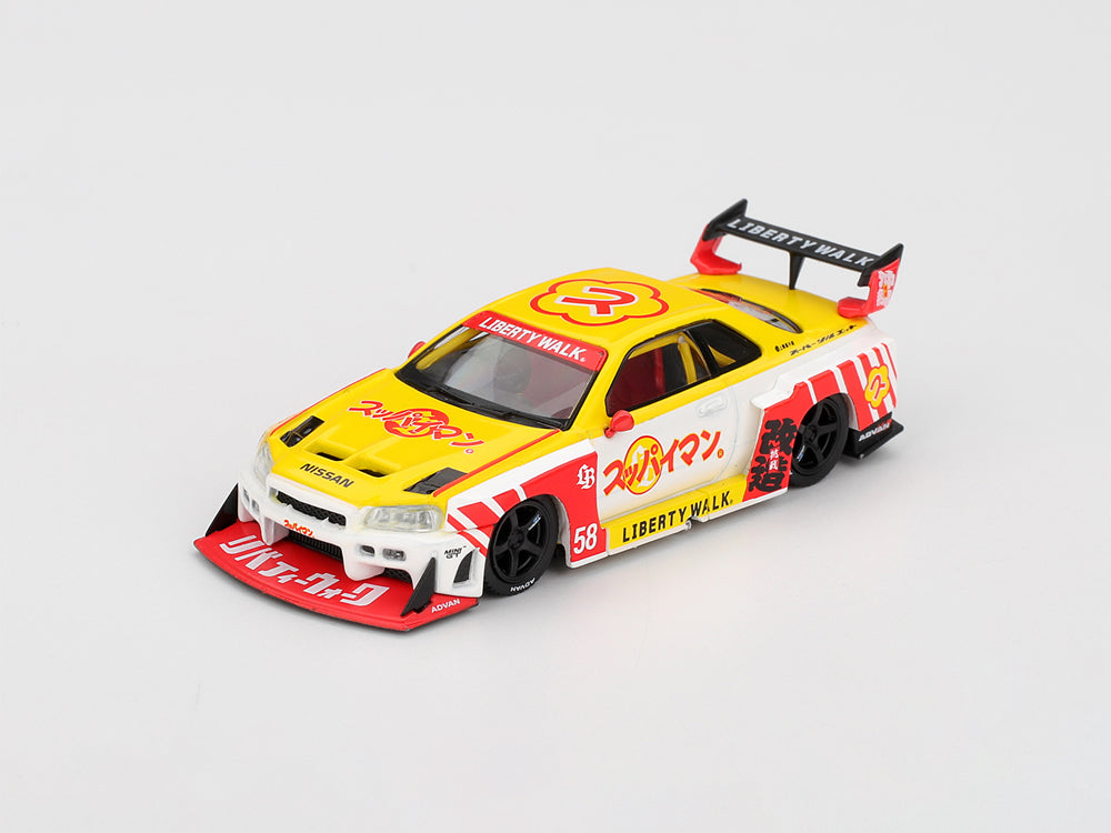 MiniGT Nissan LB-ER34 Super Silhouette SKYLINE Suppaiman Okinawa Yellow/White - Diecast Toyz Australia