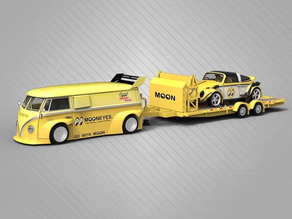 Mini Station 1/64 Volkswagen Bettle with T1 Van Trailer Yellow Set - Diecast Toyz Australia