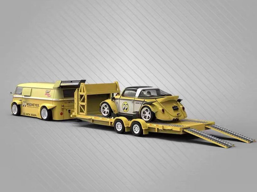 Mini Station 1/64 Volkswagen Bettle with T1 Van Trailer Yellow Set - Diecast Toyz Australia