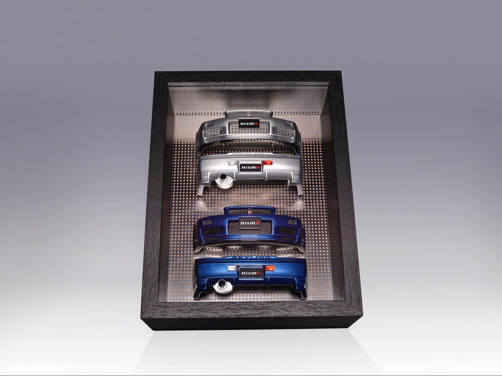 MotorHelix 1/18 Nissan Skyline GTR R34 Z Tune Silver and Bayside Blue Bumper Display Frame Set - Diecast Toyz Australia
