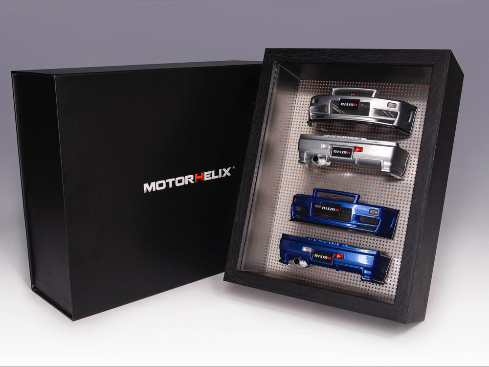 MotorHelix 1/18 Nissan Skyline GTR R34 Z Tune Silver and Bayside Blue Bumper Display Frame Set - Diecast Toyz Australia