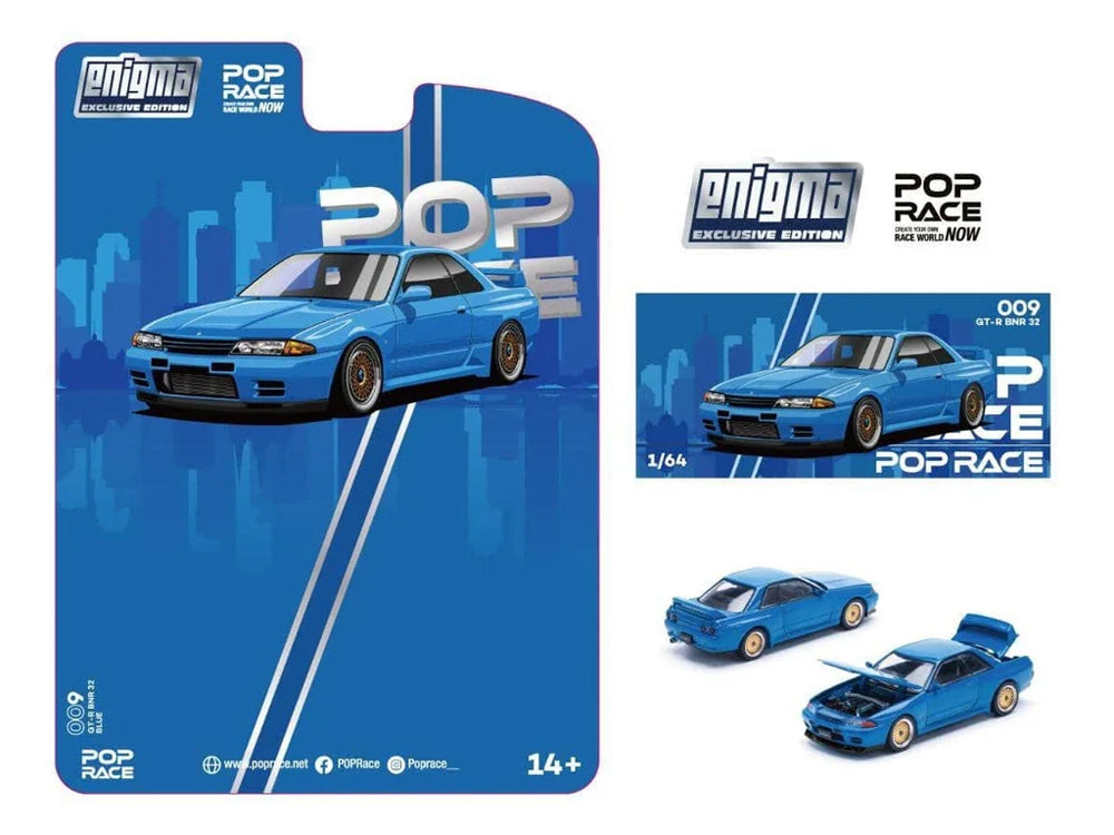 Pop Race 1/64 Nissan Skyline GTR R32 with Open Hood Bayside Blue Blister Pack