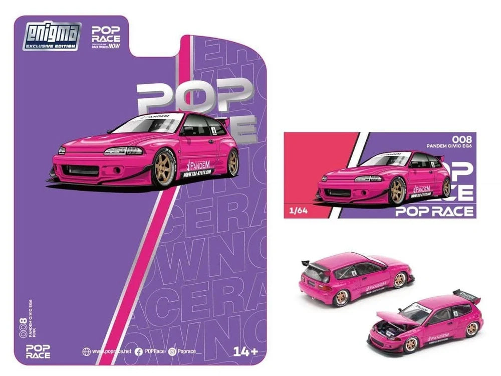 Pop Race 1/64 Pandem Honda Civic EG6 Modified with Open Hood Pink Blister Pack