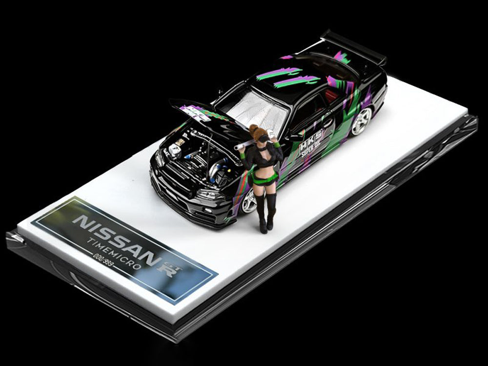 Time Model 1/64 Nissan Skyline GTR R34 HKS Black Car with Figurine - Diecast Toyz Australia