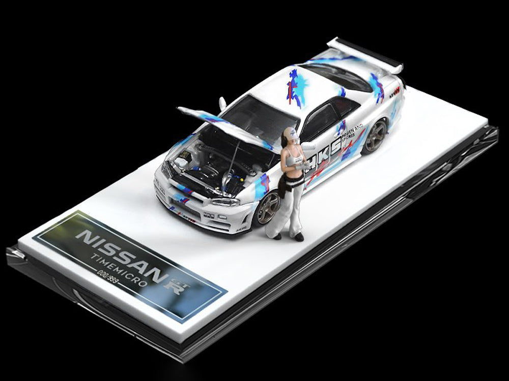 Time Model 1/64 Nissan Skyline GTR R34 HKS White Car with Figurine - Diecast Toyz Australia
