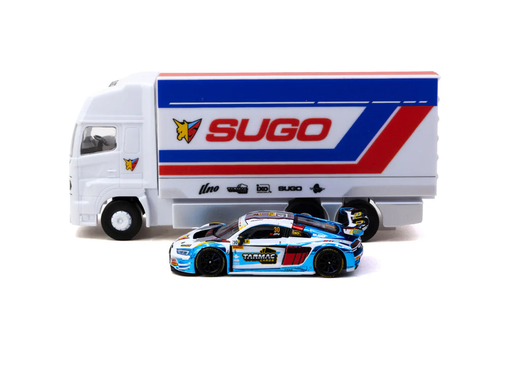 Tarmac Works 1/64 Audi R8 LMS GT3 EVO II Macau GT Cup - FIA GT World Cup 2024 UNO Racing James Yu with Trading Cards Combo and Truck Packaging