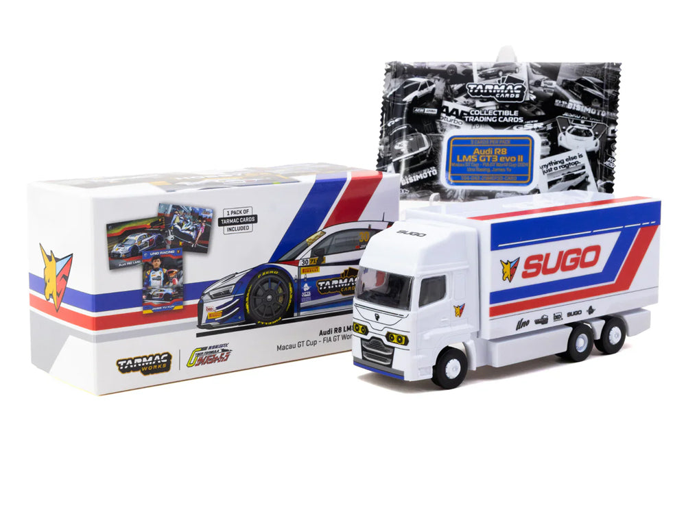 Tarmac Works 1/64 Audi R8 LMS GT3 EVO II Macau GT Cup - FIA GT World Cup 2024 UNO Racing James Yu with Trading Cards Combo and Truck Packaging