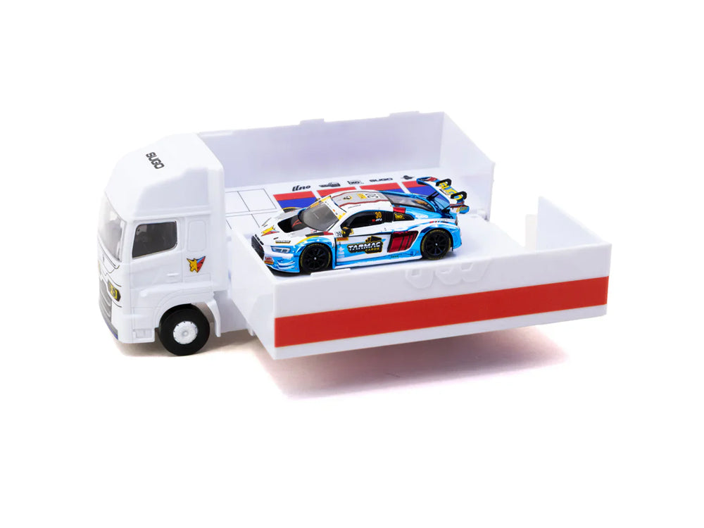 Tarmac Works 1/64 Audi R8 LMS GT3 EVO II Macau GT Cup - FIA GT World Cup 2024 UNO Racing James Yu with Trading Cards Combo and Truck Packaging