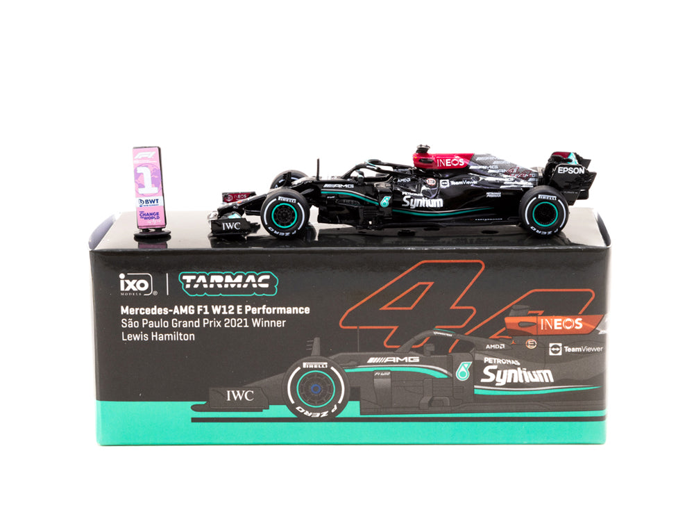 Tarmac Works 1/64 Mercedes AMG F1 W12 E Performance Sau Paulo Grand Prix 2021 Winner Lewis Hamilton with Winner Board - Diecast Toyz Australia