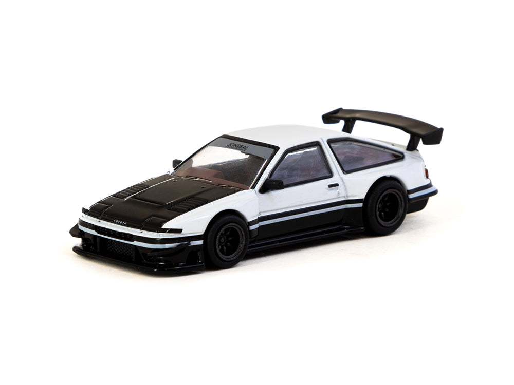 Tarmac Works 1/64 Toyota Sprinter Trueno AE86 Widebody by Jon Sibal White/Black with Trading Card Combo Set