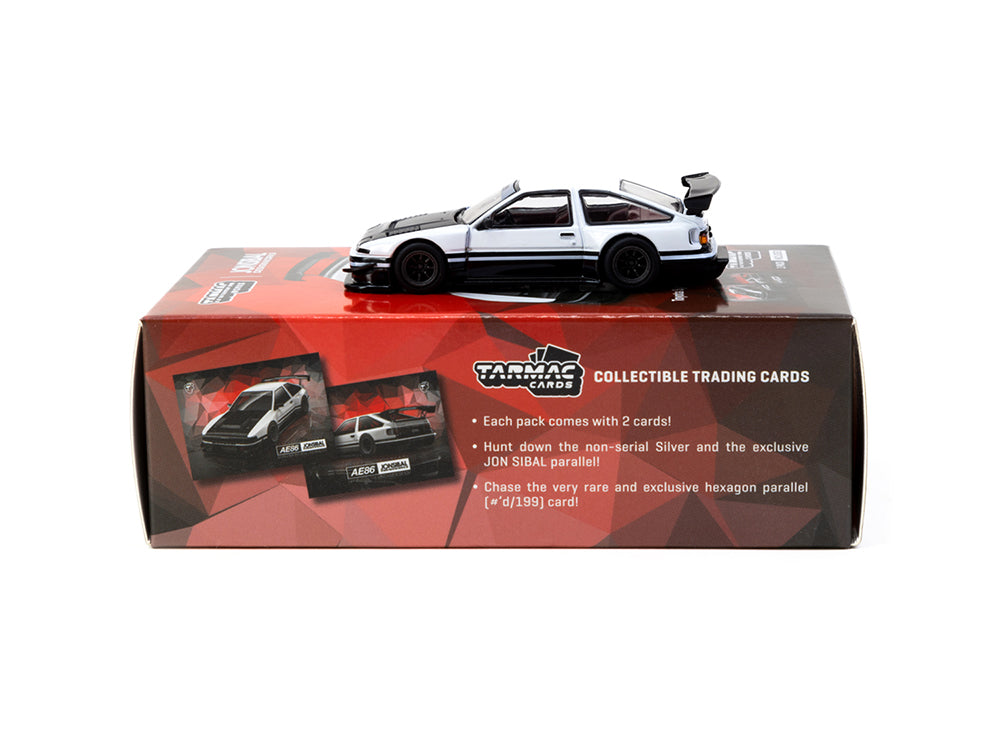 Tarmac Works 1/64 Toyota Sprinter Trueno AE86 Widebody by Jon Sibal White/Black with Trading Card Combo Set