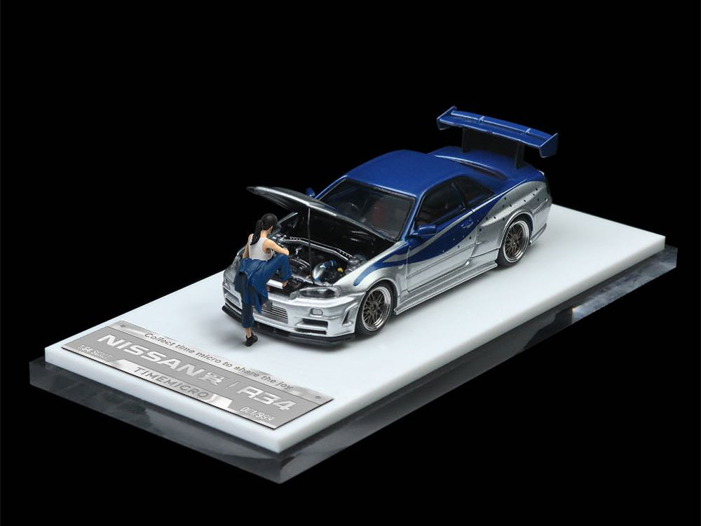 Time Model 1/64 Nissan Skyline GTR R34 Silver Blue Car with Figurine - Diecast Toyz Australia