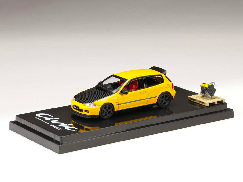 Hobby Japan Honda Civic EG6 JDM Style Customized Version with Engine Display Model Yellow - Diecast Toyz Australia