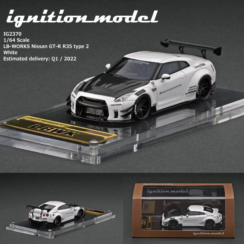Ignition Model 1/64 LBWK Nissan Skyline GT-R R35 Type 2 White with Carbon Bonnet - Diecast Toyz Australia